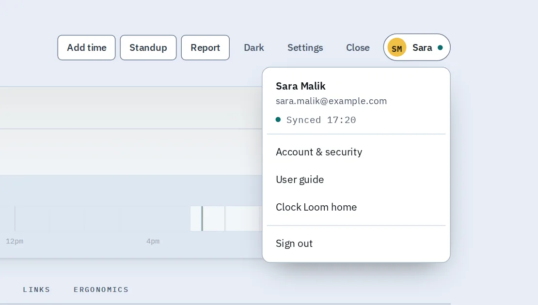 The account menu inside the dashboard: sync status, account settings, this guide and Sign out.