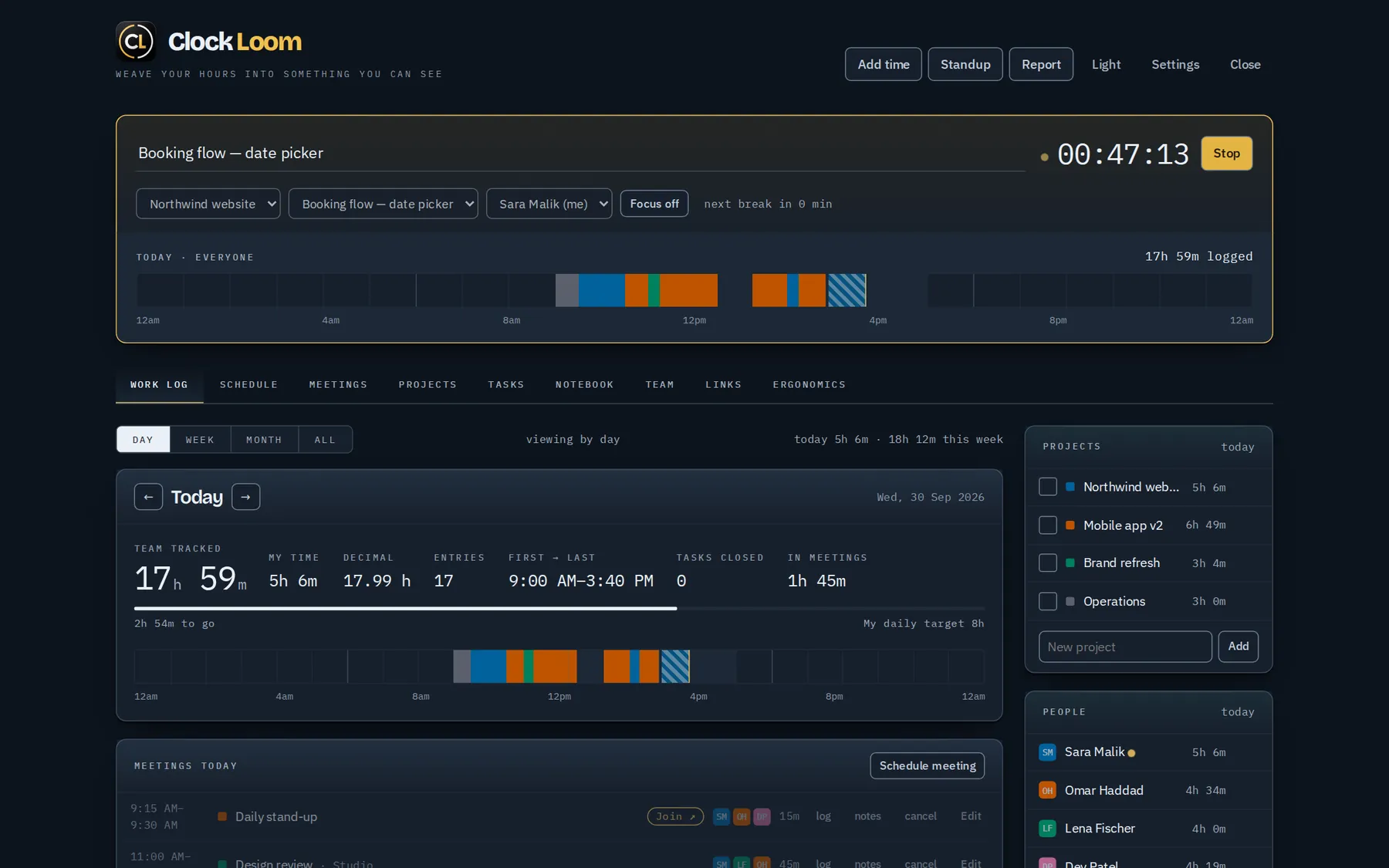 The same dashboard in dark mode — switch with the Dark/Light button.