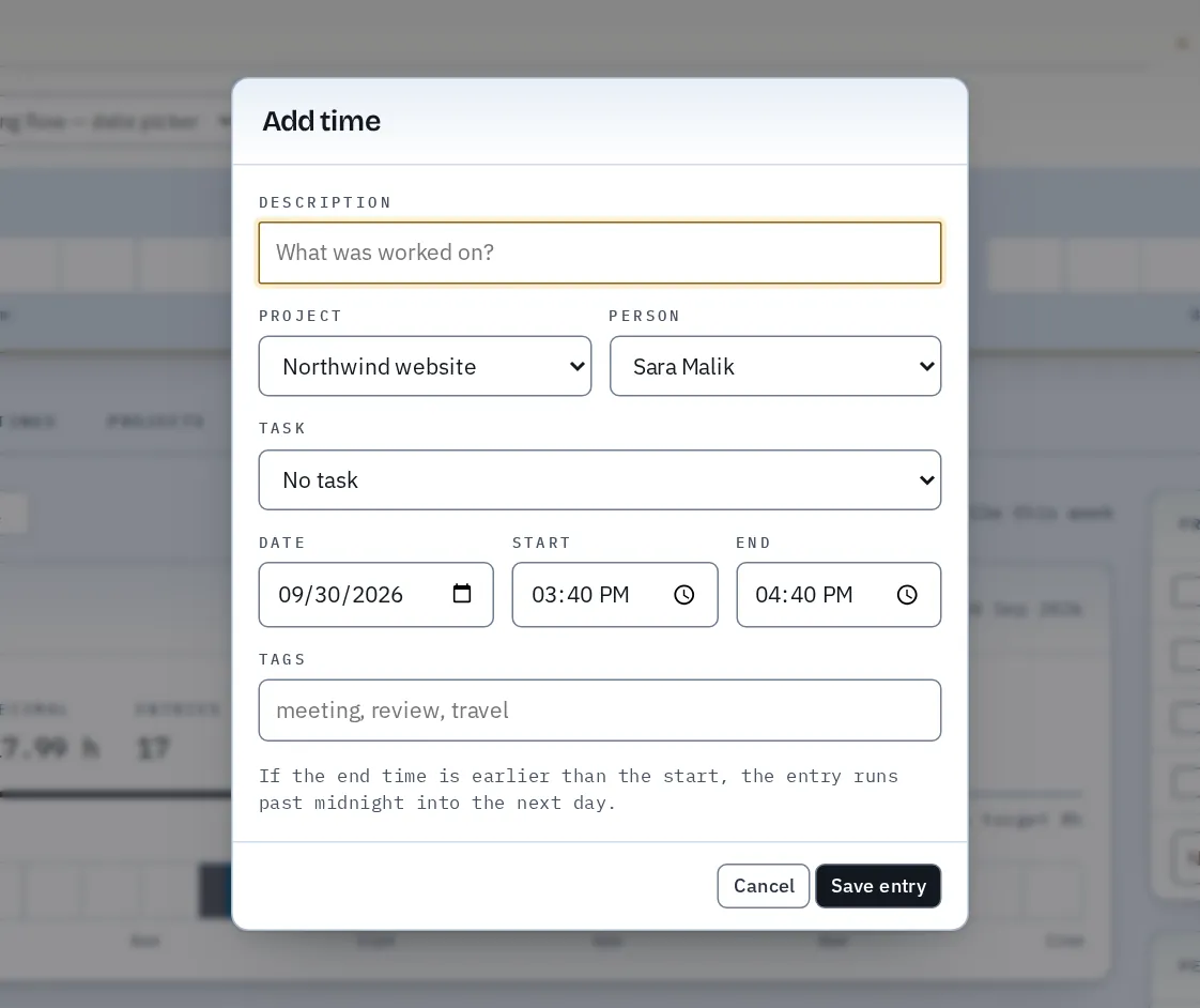 The Add time dialog. Click any entry in the Work log later to edit or delete it.