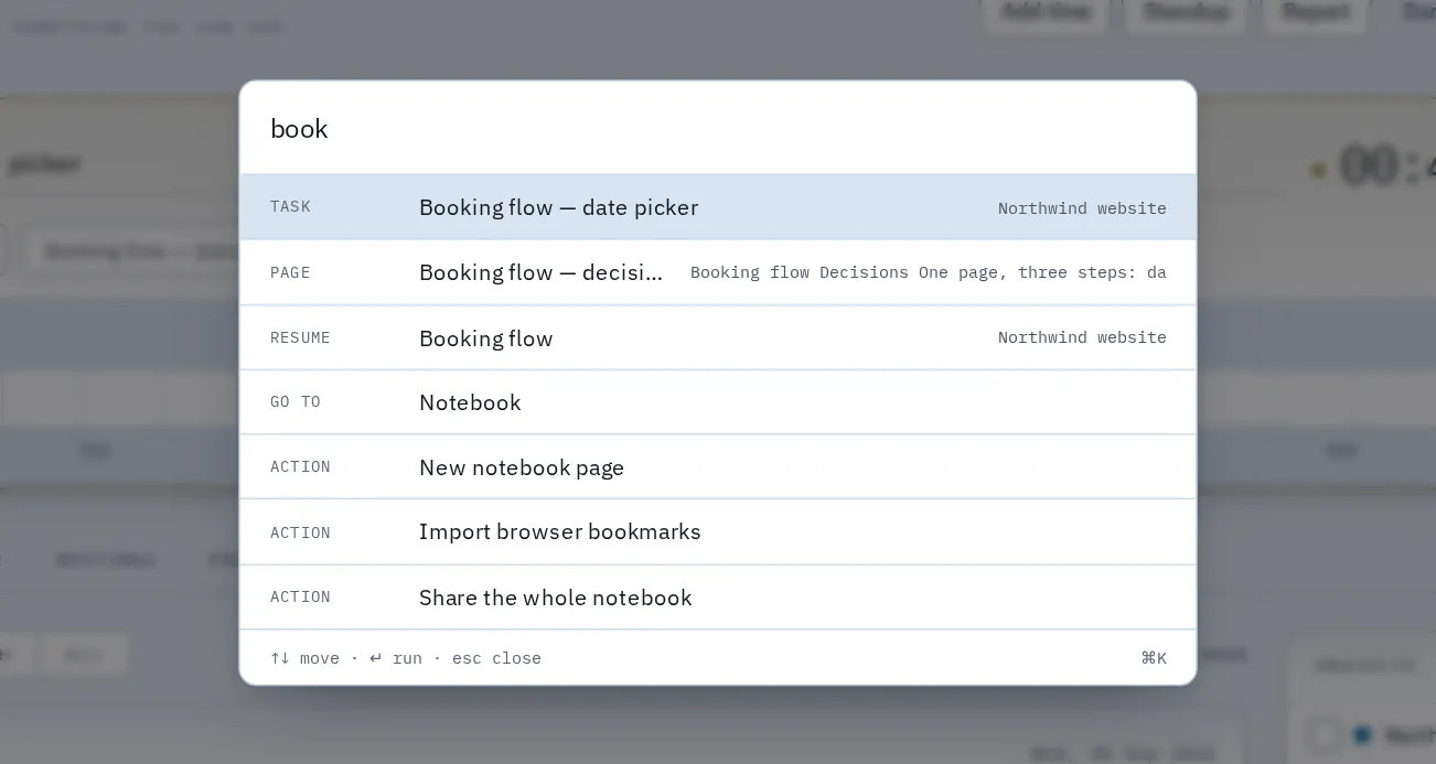 The command palette, searching for “book”.