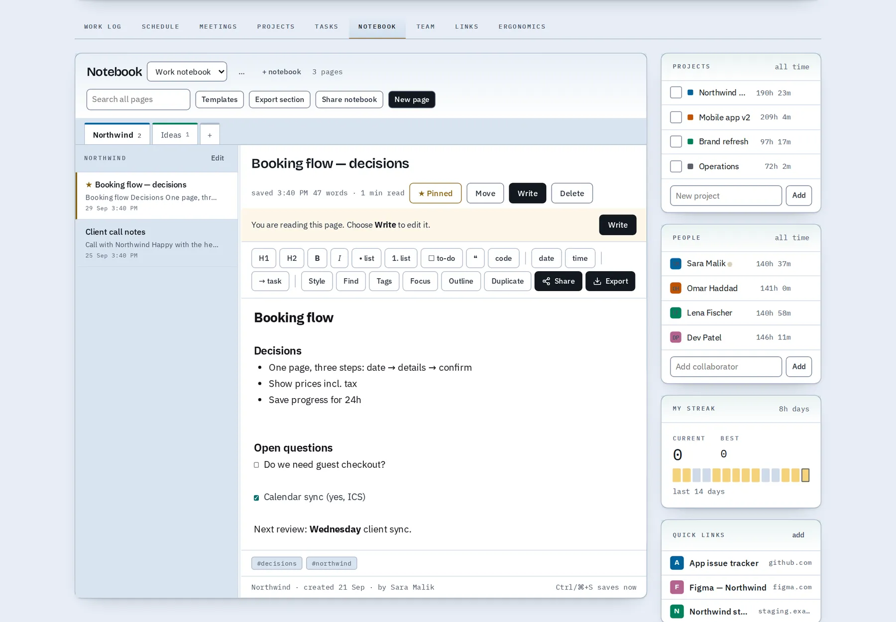 A notebook page with headings, decisions and a checklist, shown in Read mode.
