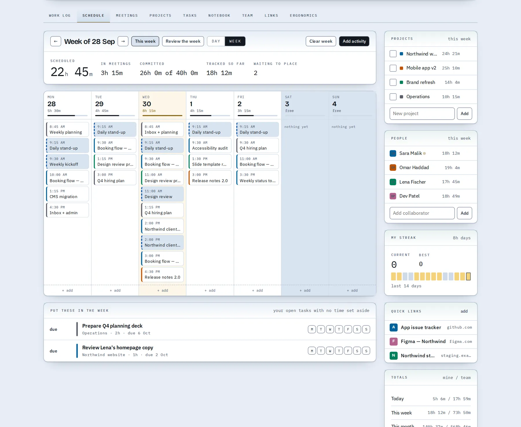 The Schedule in week view, with open tasks waiting to be placed.