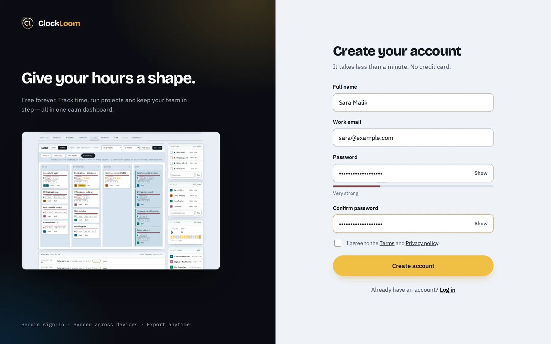 The sign-up page — three fields and you're in.